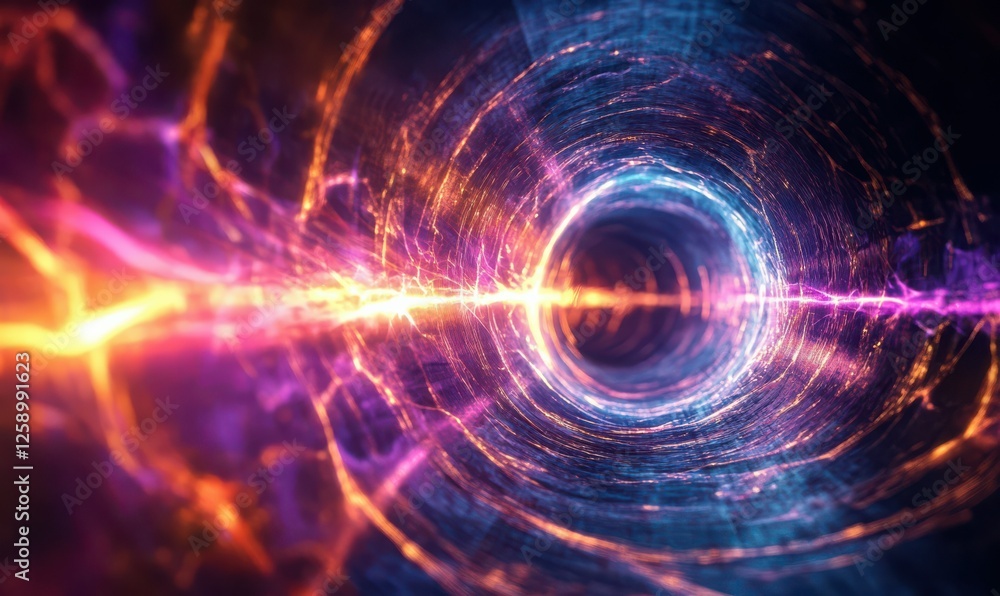 Poster vibrant energy beams streaming through a dark tunnel, creating an electrifying contrast with sharp g