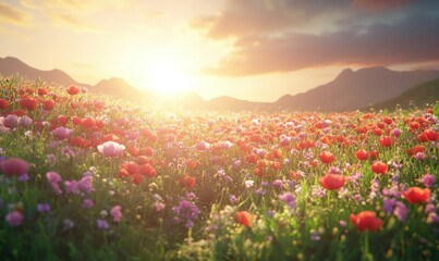 Vibrant field of poppies illuminated by golden sunlight, styled to evoke feelings of serenity and natural beauty