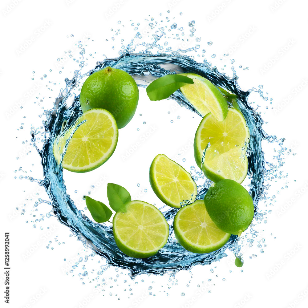 Aufkleber water splash in abstract shape with fresh lime pieces