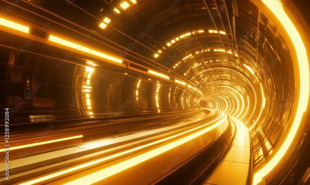 Poster speeding train gliding through an illuminated futuristic tunnel, bright yellow lines adding energy a