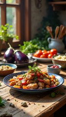 Fototapeta premium Rustic mediterranean kitchen with fresh ingredients and vibrant summer salad on wooden table
