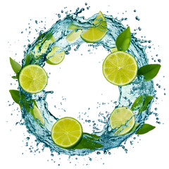 Water splash in abstract shape with fresh lime pieces 