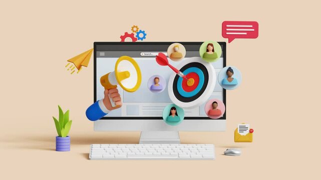 CRM, Customer relationship management concept. Customer target, refining marketing strategies. 3D computer screen with megaphone and targeted audience. 4K 3D animation