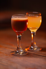 Beautiful photo of cocktail food. A bright juicy cocktail is on the table in the restaurant. Professional food photography