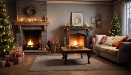 Cozy living room with crackling fireplace and Christmas decorations, wood fire, winter wonderland