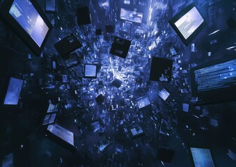 Screens falling digital vortex; data overload; night city background; tech concept