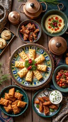 Fototapeta premium Traditional middle eastern feast with assorted dishes on wooden table