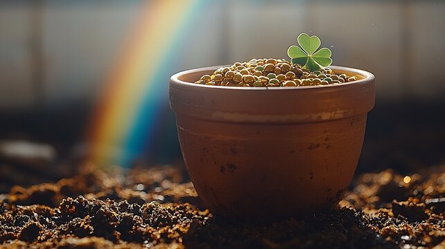 Potted clover, rainbow background, spring growth, luck