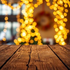 Background of a rustic wooden table with blurred golden chistmas lights behind warm feeling and copy space Bokeh light lights background bokeh abstract light bright effect shiny