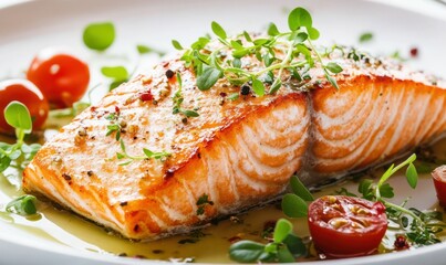 Sunlit of a delicate salmon dish garnished with herbs, showcasing the art of plating in a sophisticated setting