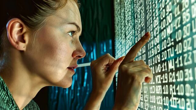 The young woman intently examines the digital display, using her finger to count the numbers. Her focus reflects a keen attention to detail, illustrating the importance of accuracy in her task.