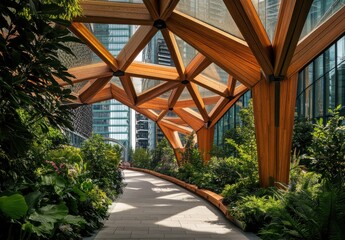 Fototapeta premium Modern architectural design features wooden structures with lush greenery, promoting sustainability and recycling practices in an urban environment.