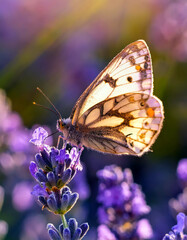 Obraz premium Butterfly Delicately Perched on Blooming Lavender Flower Amidst a Tranquil Garden Landscape