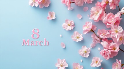 Fototapeta premium 8 March greeting card featuring a realistic arrangement of spring pink flowers A template for advertising web social media and fashion promotions