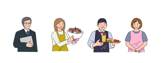 コンサルタント、花屋、バーガーショップ店員、保育士、介護士などのシニアワーカー色付き