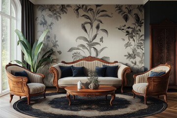 Elegant Art Nouveau Living Room Showcasing Curvaceous Design Elements, Whimsical Decor, and Luxurious Vintage Charm