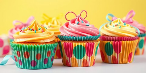 Cupcakes with colorful wrappers and ribbons, decoration, birthday