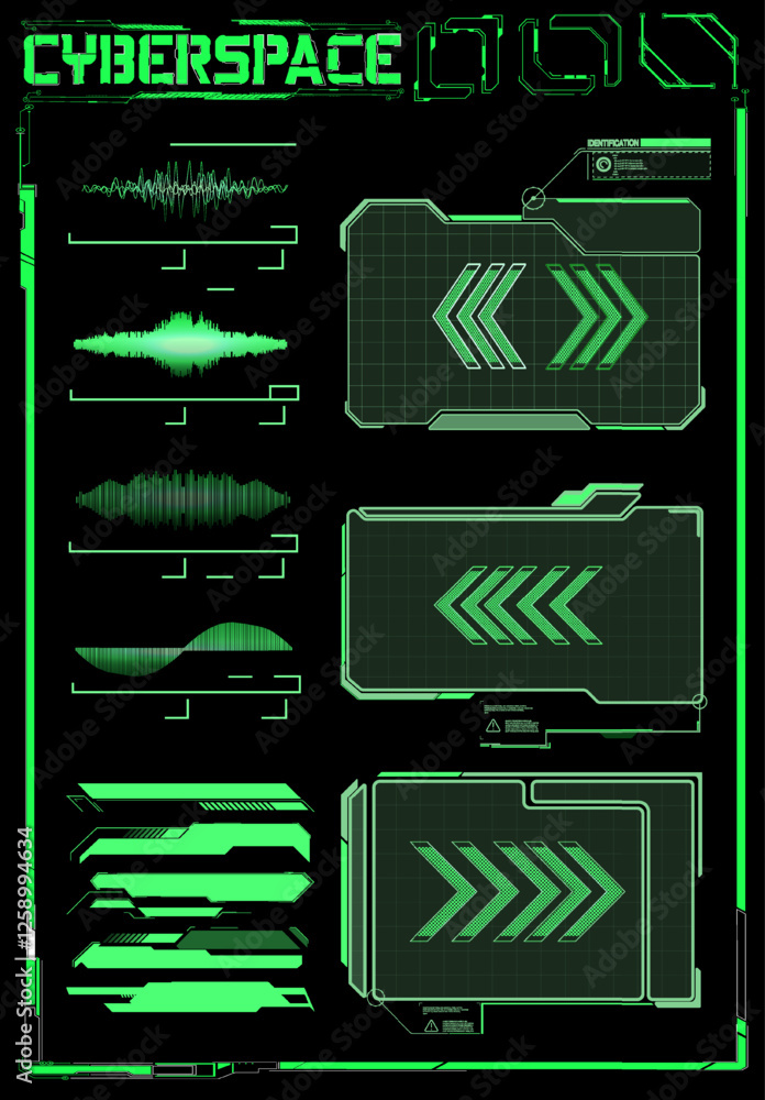 Poster digital interface design showcasing waveform patterns in a vibrant green cyberpunk theme.