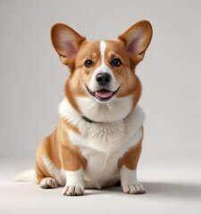 Curious welsh corgi dog sitting on a blank white backdrop, travel, investigate