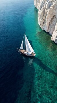 aerial view bird's eye view drone video of yacht in the sea
