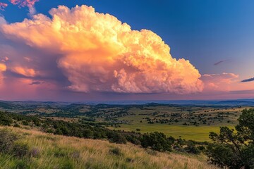 Dramatic Cloudscape with Golden Hour Lighting Over a Serene Countryside Landscape
