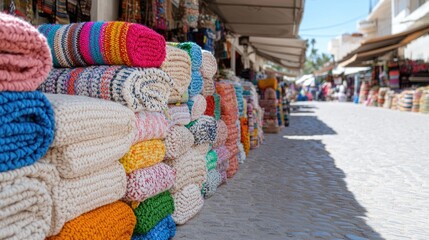 Colorful Rolled Textiles on Street Market