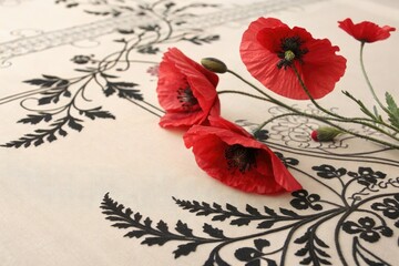 Dainty red poppies and black foliage intertwined with intricate designs on a soft beige substrate, botanical illustrations, red poppies, beige background, ornate designs, delicate florals