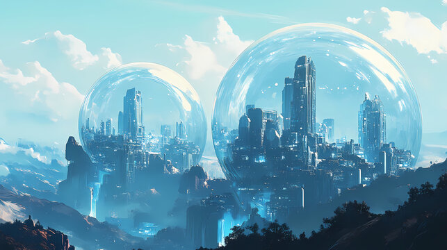 A futuristic cityscape with large glass domes protecting the buildings. Glass Domed Utopias. Illustration