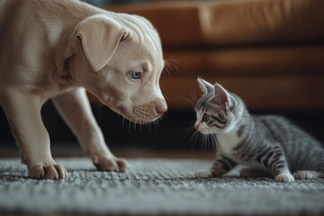 Friendly Encounter: Dog and Cat Playfully Interact