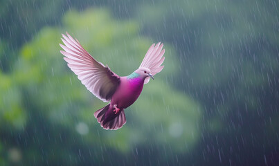 Fototapeta premium A plum dove gliding gently through misty air with soft wings, symbolizing calm and tranquility