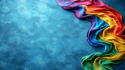Obraz premium Rainbow flag draped on blue background, LGBTQ+ pride, celebration, diversity