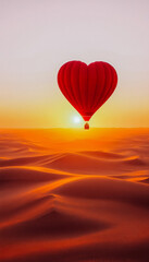 Fototapeta premium Heart-shaped hot air balloon over desert at sunset for Valentine's Day