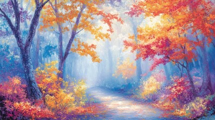 Autumnal Path Through A Misty Forest Scene