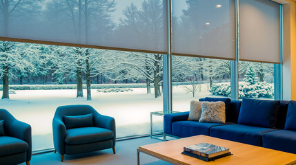 A living room with blue couches and a coffee table in front of a large window