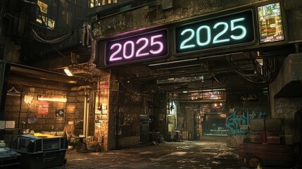 Cyberpunk alleyway in 2025, showing grunge, decay, neon signs, and futuristic elements.