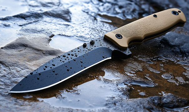 Another view of military combat knife with tan rubber handle showcasing durability and versatility in combat