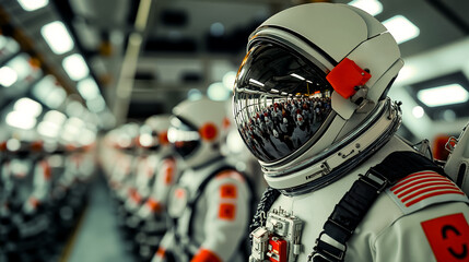 A group of astronauts in a row in a space station