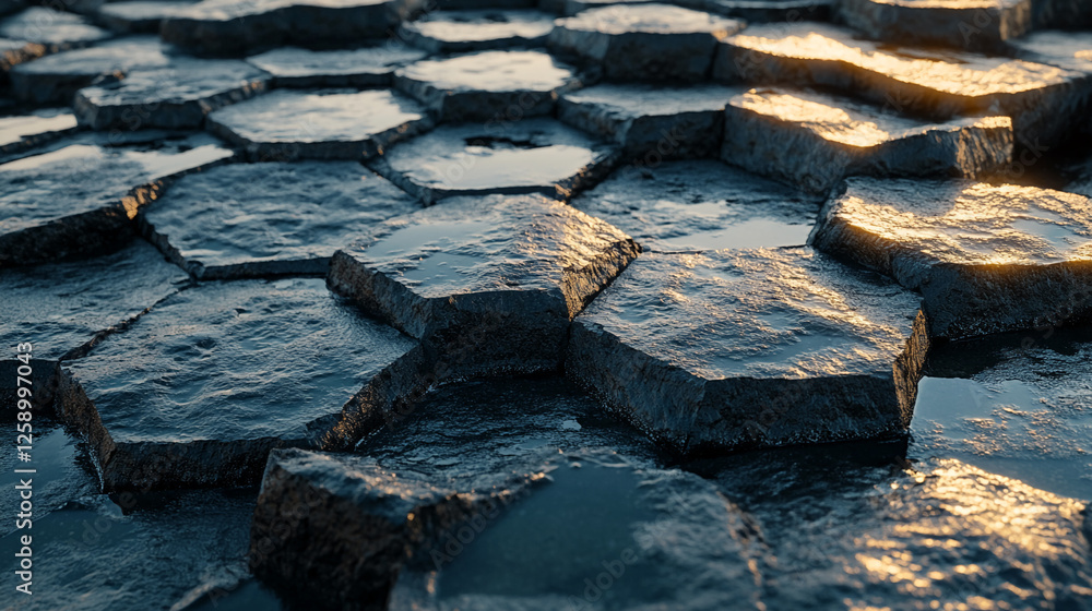 Poster Close-up of hexagonal stone tiles with wet surfaces, showcasing textures and geometric patterns, representing urban design, construction, and the beauty of structured surfaces.