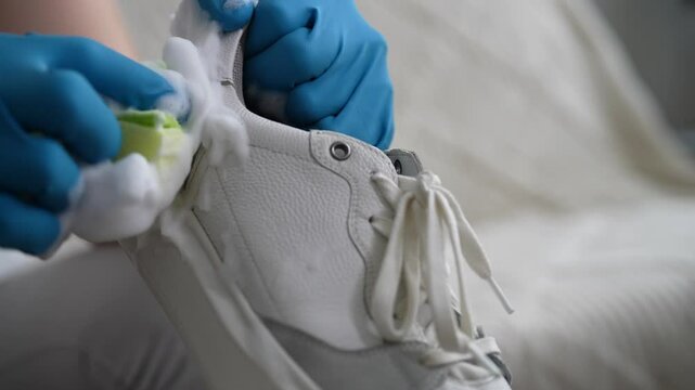Blue-gloved hands cleaning white leather shoe, gently scrubbing surface with soapy sponge. Concept of meticulous footwear maintenance. Process cleaning white canvas sneakers, close-up, slow motion.