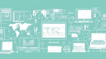 Global network, digital devices, data flow, world map, background, technology, connectivity, illustration, website banner