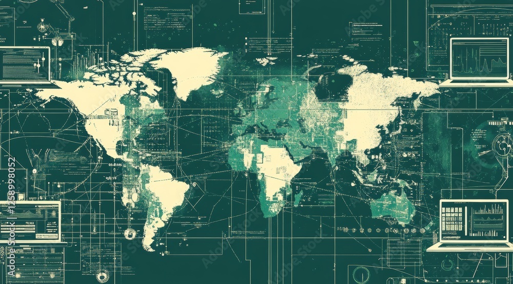 Poster global network data flows, worldwide map background