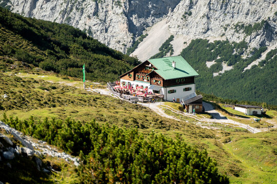 Pfeis hut, Pfeishutte at Karwendel mountains on Karwendel Hohenweg, Austria