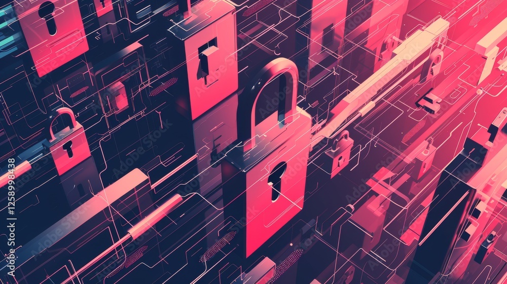 Aufkleber a visually striking ai-generated image featuring interconnected glowing padlocks, symbolizing cybers