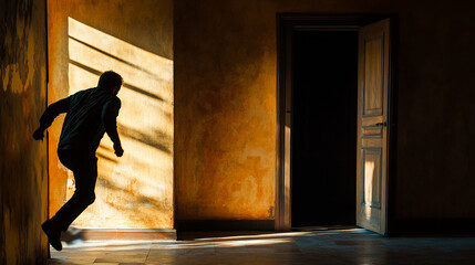 A person sneaking out through a door in a dimly lit room with shadows and light streaming through, symbolizing escape, secrecy, and a dramatic moment of mystery.