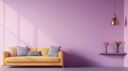 Modern living room with yellow sofa and pink walls featuring tulip decor