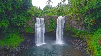 Obraz premium Twin Waterfalls Cascading Through Lush Tropical Foliage