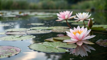 Delicate, hand-painted water lily flowers in a pond, gentle ripples, delicate petals, watercolor