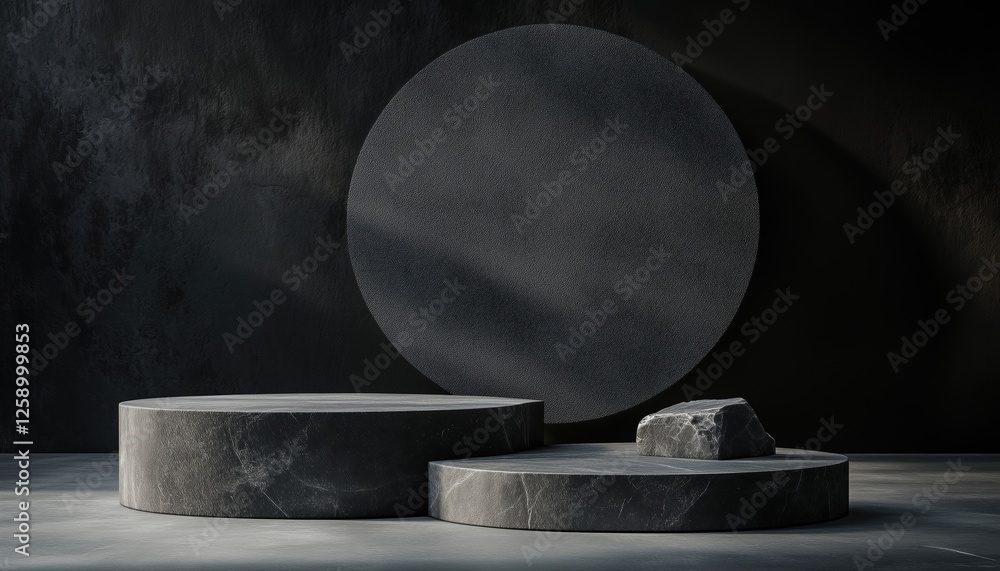 Poster empty podium on floor with dark black geometric shapes: a platform for product presentation in studi