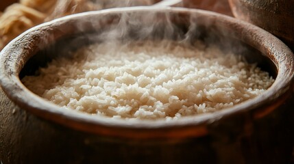 Close-up of rice cooking in a traditional clay pot. Featuring bubbling and steaming rice. Emphasizing traditional cooking methods. Ideal for culinary history and traditional recipe documentation.