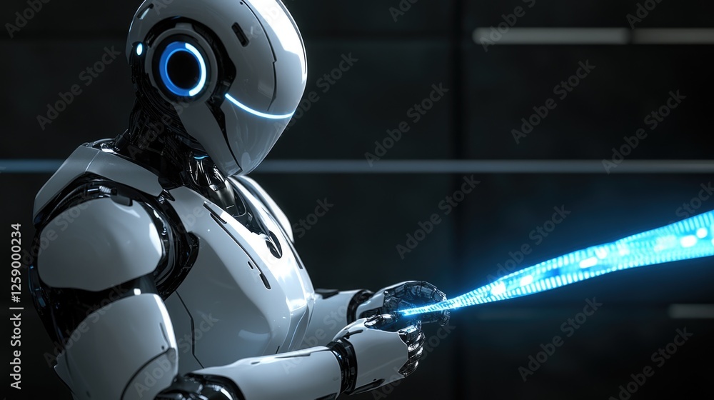 Poster futuristic android in dark room handling glowing holographic display